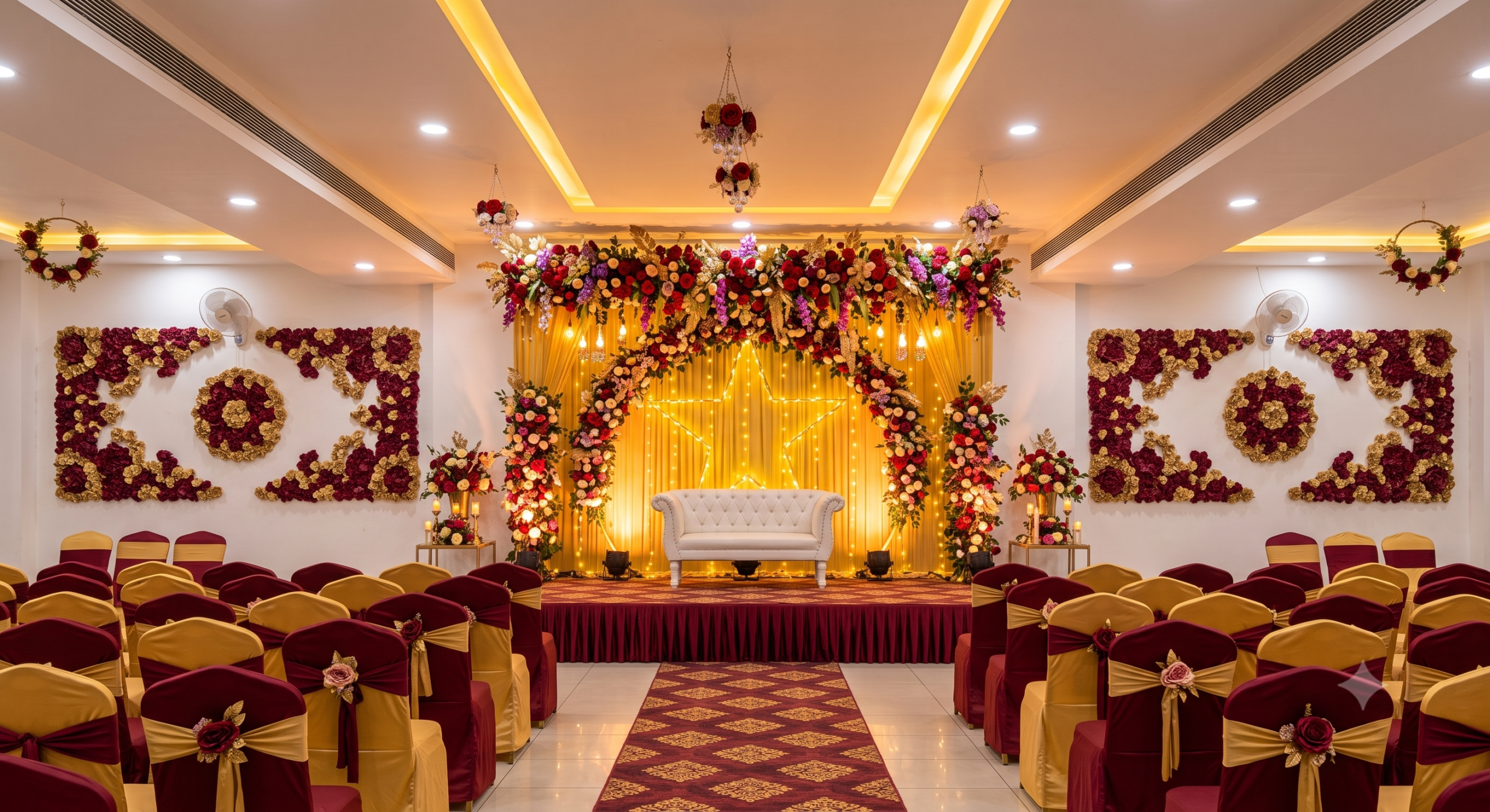 Wedding stage decoration at SD Farm Dhand in Kaithal