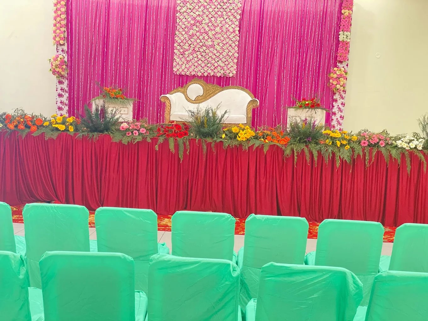 Wedding mandap and stage decor setup at SD Farm Dhand, Kaithal