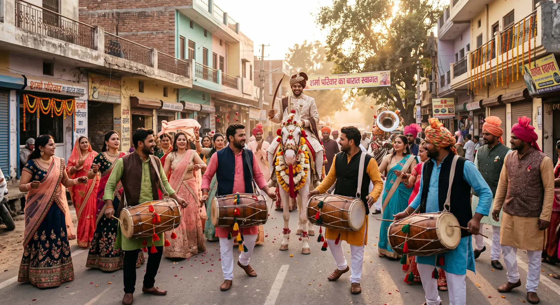 Baraat procession with dholak players in Haryana Baraat procession at a Haryanvi wedding with dholak players and groom on horseback