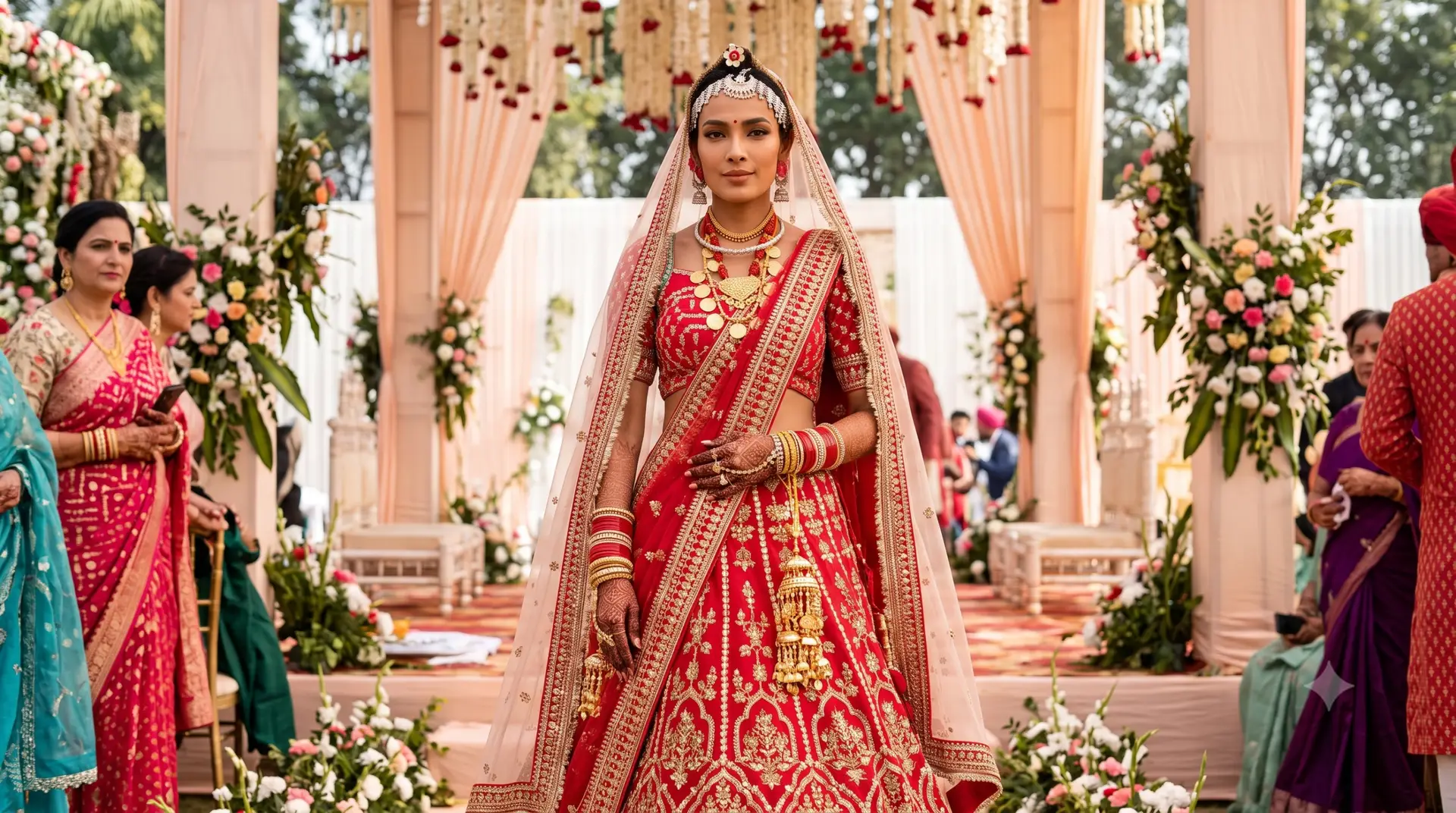 Bride in modern Haryanvi wedding attire Bride in traditional Haryanvi wedding attire with jewellery