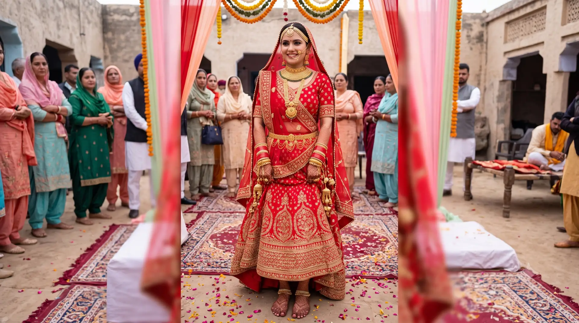 Bride in traditional Haryanvi wedding attire Haryanvi bride in traditional red and gold bridal attire with traditional jewellery at a wedding ceremony