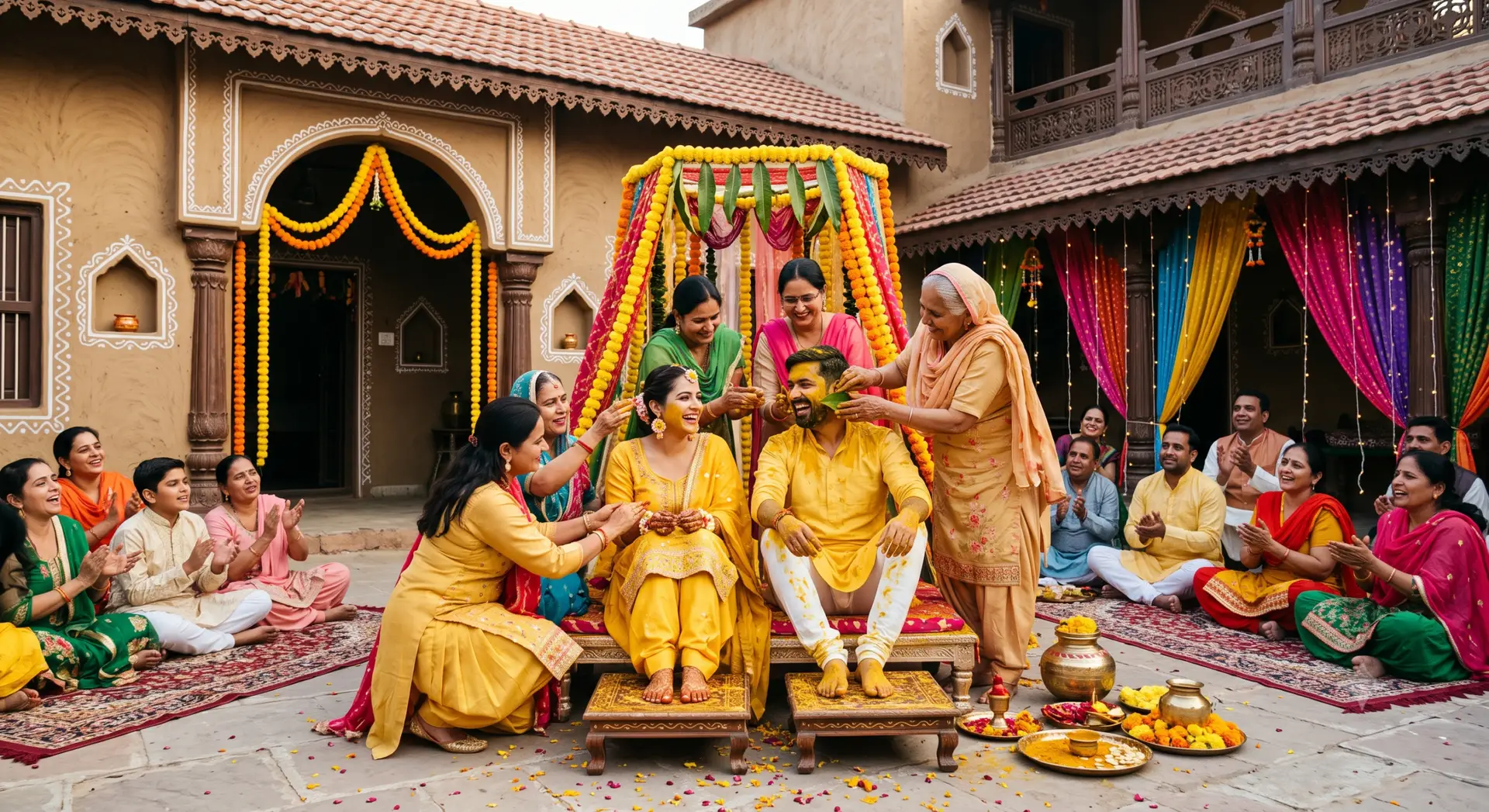 Haldi ceremony at a traditional Haryanvi home Haldi ceremony being performed at a traditional Haryanvi wedding with family members gathered around