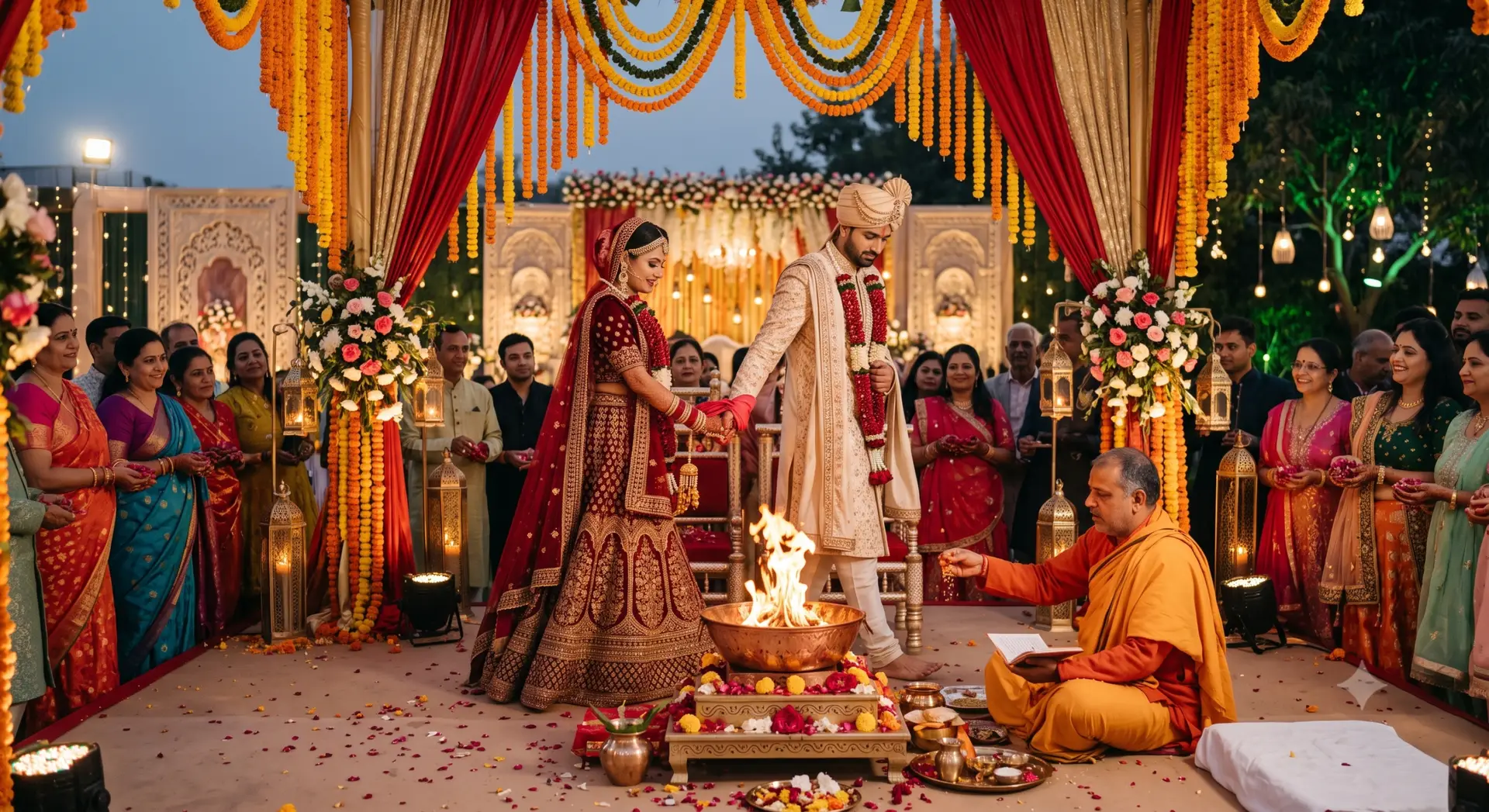 Pheras (wedding fire ritual) at a decorated venue Hindu wedding pheras being performed around the sacred fire at a modern Haryanvi wedding venue in Haryana