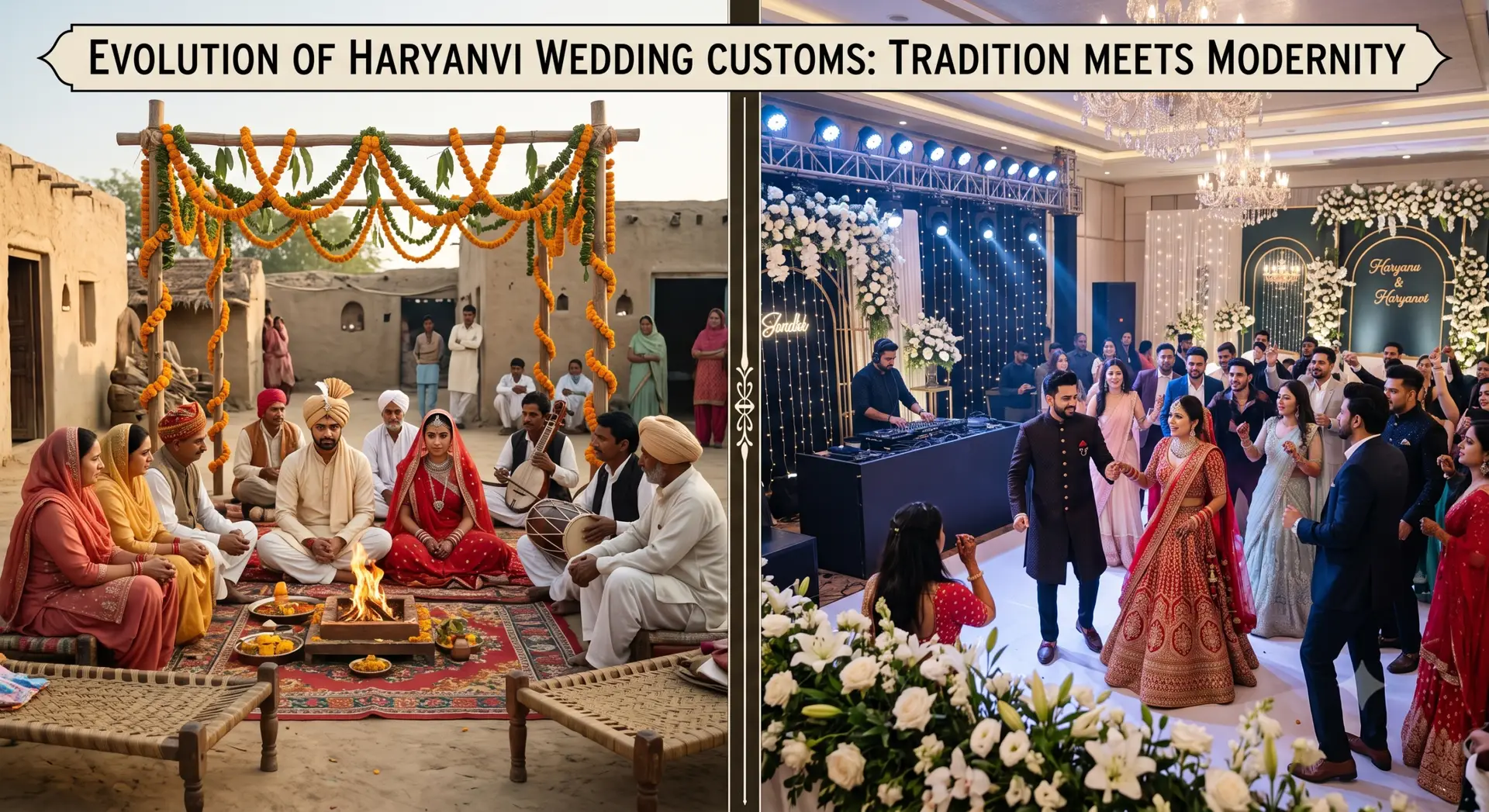 Traditional vs Modern Haryanvi wedding Traditional Haryanvi marriage ceremony vs modern Haryanvi wedding venue celebration, showing the evolution of wedding customs in Haryana